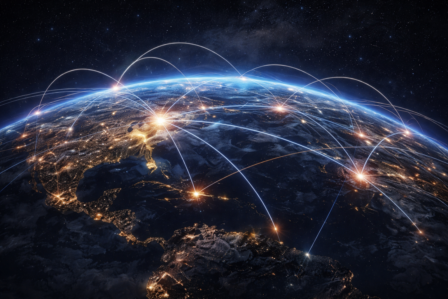 Earth at night with illuminated connections spanning regions, representing VRI's long-term vision of a global online research community.