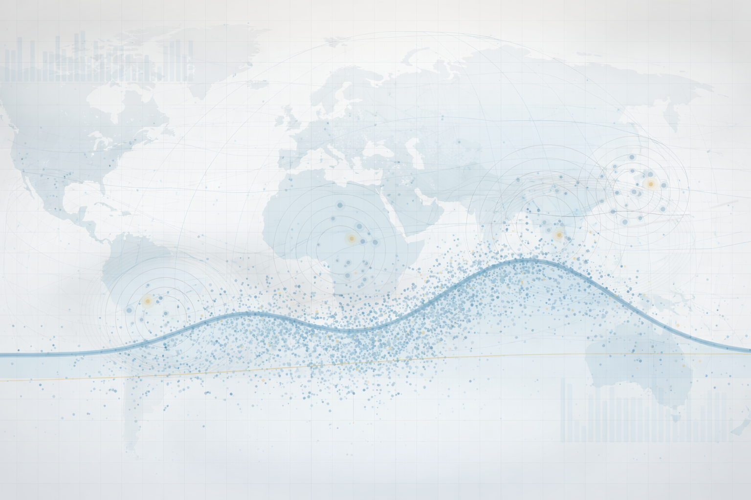 Abstract public health, biostatistics, and epidemiology illustration with global map, data points, and analytic trend curves